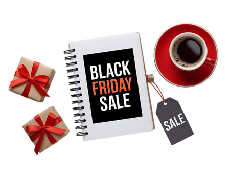 Black friday sale concept with notebook, coffee cup, gift boxes and sale tag isolated on transparent backgroundの素材