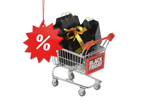 Shopping cart filled with black gift bags and a red black friday sign, isolated on transparent backgroundの素材