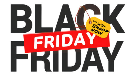 Black friday sale announcement with shopping tag and shop now text, isolated on transparent backgroundの素材