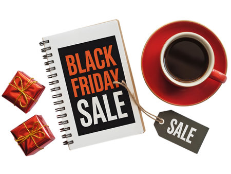 Black friday sale concept with notebook, coffee cup, gift boxes and sale tag isolated on transparent backgroundの素材
