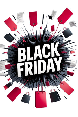 Black friday sale event with shopping bags and price tags exploding outwards, isolated on transparent backgroundの素材