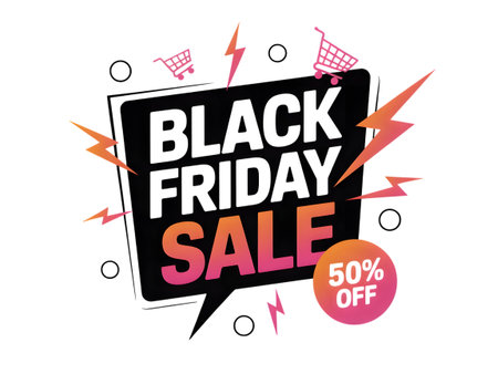 Black friday sale with 50 off discount and shopping cart icons, isolated on transparent backgroundの素材