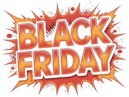 Bold black friday text with a fiery red and orange explosive burst, isolated on transparent backgroundの素材