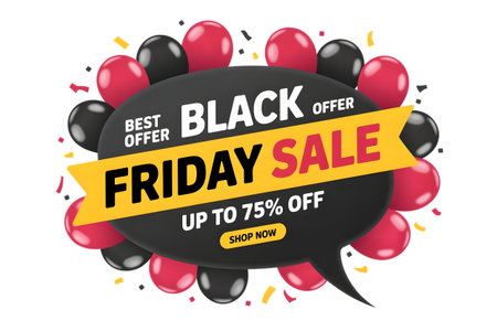 Black friday sale announcement with balloons and offer details, isolated on transparent backgroundの素材