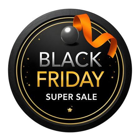 Black friday super sale circular badge with orange ribbon and a sphere, representing a special discount event and shopping promotion isolated on transparent backgroundの素材