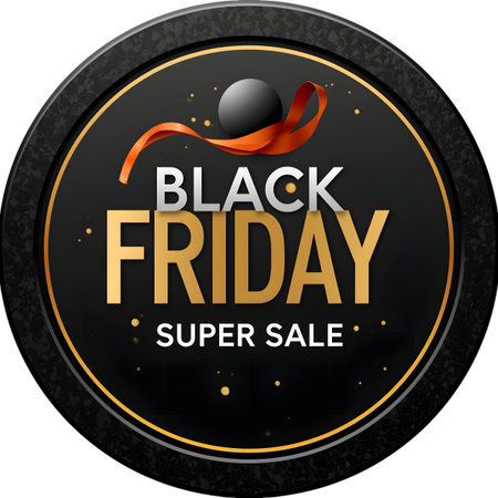 Black friday super sale circular badge with orange ribbon and a sphere, representing a special discount event and shopping promotion isolated on transparent backgroundの素材