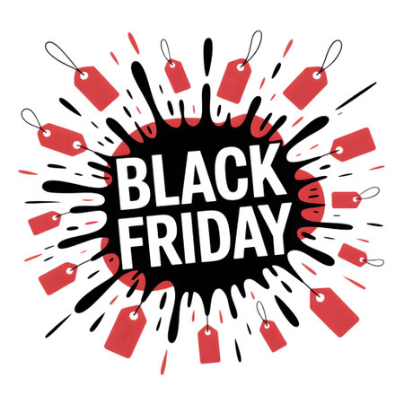 Black friday sale event with red price tags bursting from a black ink splash, isolated on transparent backgroundの素材