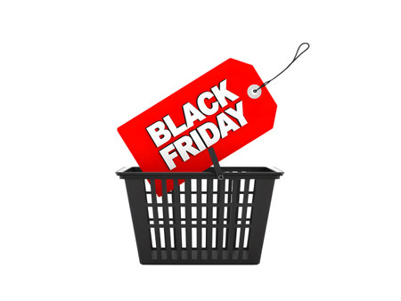 Black friday shopping basket with red tag isolated on transparent backgroundの素材