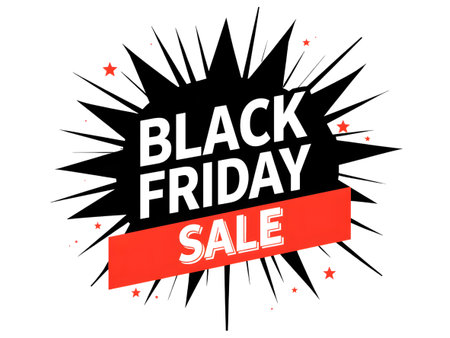 Black friday sale explosion graphic with text and stars isolated on transparent backgroundの素材