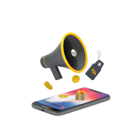 A megaphone and a gift box on a smartphone with coins and a sale tag, isolated on transparent backgroundの素材