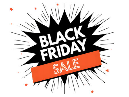 Black friday sale explosion graphic with text and stars isolated on transparent backgroundの素材