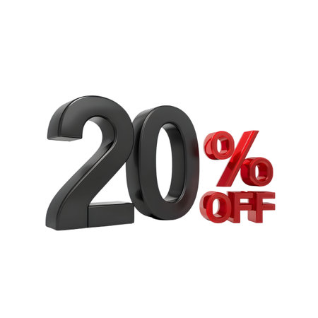 Twenty percent off sale discount offer with 3d numbers and text isolated on transparent backgroundの素材