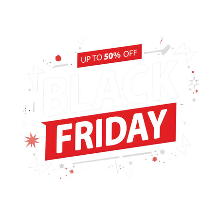 Black friday sale up to 50 percent off text with festive elements isolated on transparent backgroundの素材