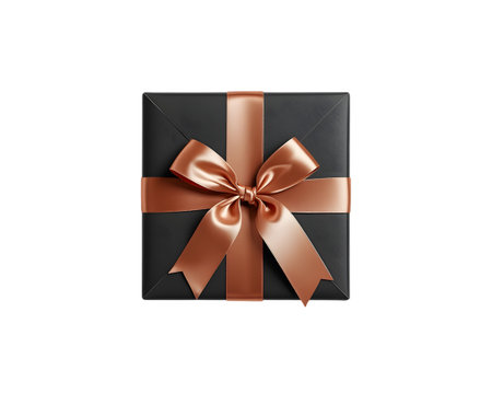 A square black gift box with a copper satin ribbon tied in a bow, isolated on transparent backgroundの素材