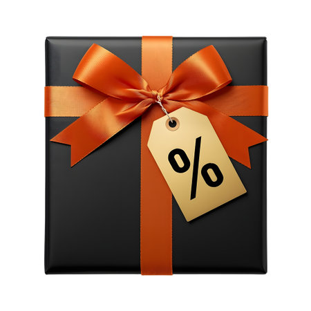 Black gift box with orange ribbon and bow, with a golden tag showing a percentage symbol, isolated on transparent backgroundの素材