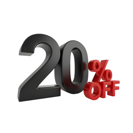 Black 3d render of the number 20 with the text off in red, isolated on transparent backgroundの素材