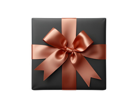 Square gift box wrapped in dark gray paper with a copper satin ribbon and bow, isolated on transparent backgroundの素材