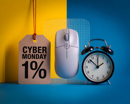 Cyber monday sale tag with 1 discount, computer mouse, and alarm clock, symbolizing timesensitive online shopping dealsの素材