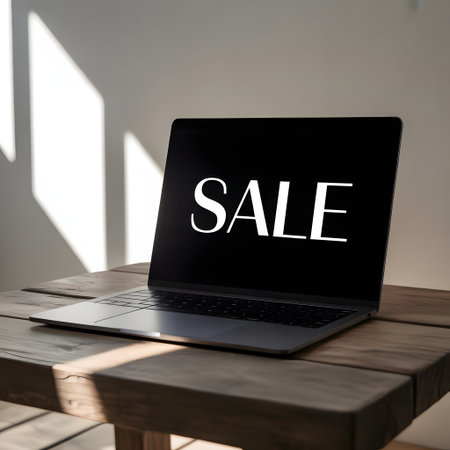Laptop with sale sign on screen on wooden table at home.の素材