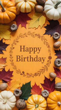 Happy birthday message surrounded by a beautiful arrangement of various pumpkins, gourds, acorns, and colorful autumn leaves on a vibrant orange surfaceの素材