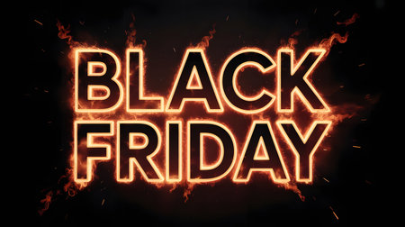 Bold black friday text illuminated by intense flames and sparks against a dark, dramatic background, symbolizing a hot shopping eventの素材