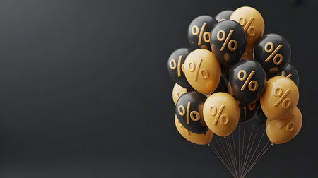 Black and gold balloons with percentage signs, symbolizing black friday sales and discounts, isolated on a dark backgroundの素材