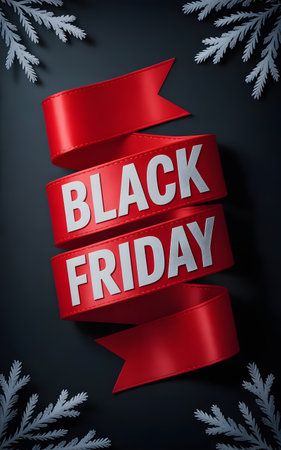Black Friday sale banner with red ribbon on black background.の素材