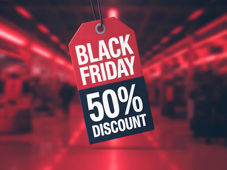 Black friday tag with 50 percent discount offer, blurred background with red lightsの素材