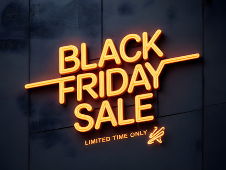 Black friday sale neon sign glowing on a dark textured wall, advertising a limited time offer with bright orange lettering and a modern, stylish designの素材