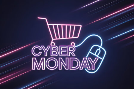 Cyber monday neon sign with shopping cart and computer mouse, representing online shopping and digital dealsの素材