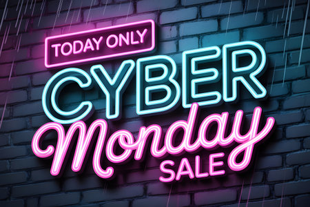 Cyber monday sale neon sign on brick wall with rain effectの素材
