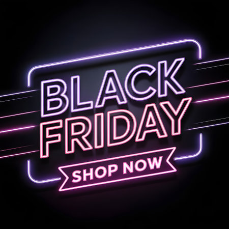 Black friday neon sign with glowing text and shop now bannerの素材