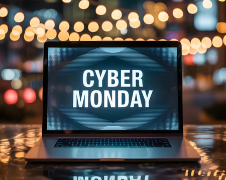 Cyber monday sale displayed on a laptop screen at nightの素材