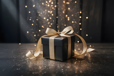 Elegant black gift box with gold ribbon and sparkling lightsの素材