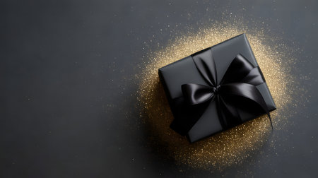Black gift box with black ribbon on dark background with gold glitterの素材