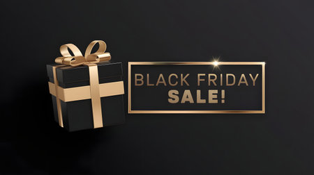 Black friday sale gift box and sign with golden ribbonの素材