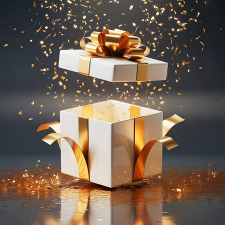 Gift box opening with gold confetti and ribbonsの素材