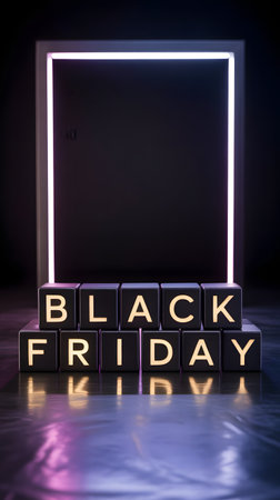 Black friday sale concept with glowing cubes and neon frameの素材