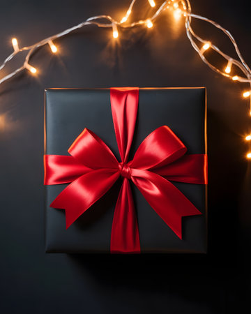 Black gift box with red ribbon and glowing fairy lights on dark backgroundの素材