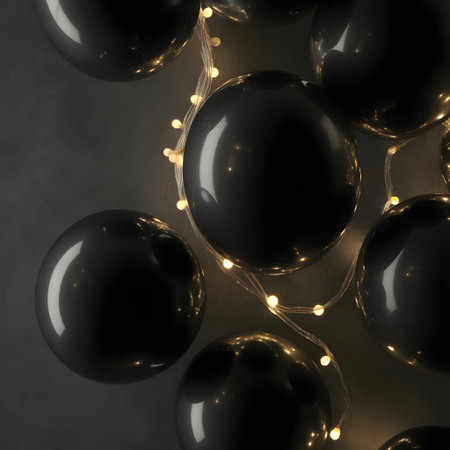 Dark grey balloons with warm fairy lights in a closeup shotの素材