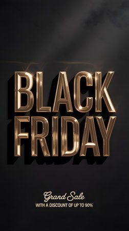 Golden 3d text spelling black friday with grand sale and discount up to 50 off on dark textured backgroundの素材