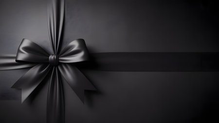 A closeup view of a luxurious black satin ribbon tied into a perfect bow against a dark, subtly textured surface, conveying elegance and premium qualityの素材