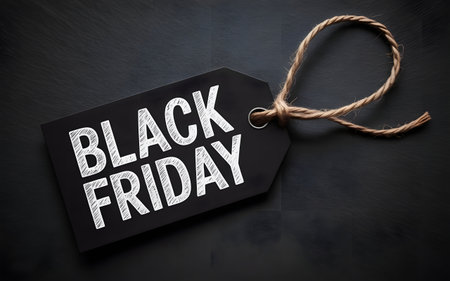 Black friday tag with string on dark textured background, concept for shopping and sales eventの素材