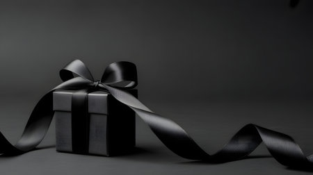 Elegant black gift box with satin ribbon, symbolizing luxury and exclusive offers during black friday salesの素材