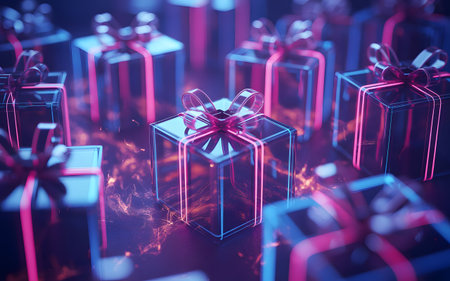 A collection of luminous, transparent gift boxes with red ribbons and bows, illuminated by vibrant neon pink and blue lights in a dark settingの素材