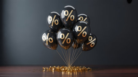 A cluster of black balloons with percentage signs floating upwards, symbolizing discounts and sales events, set against a dark backgroundの素材
