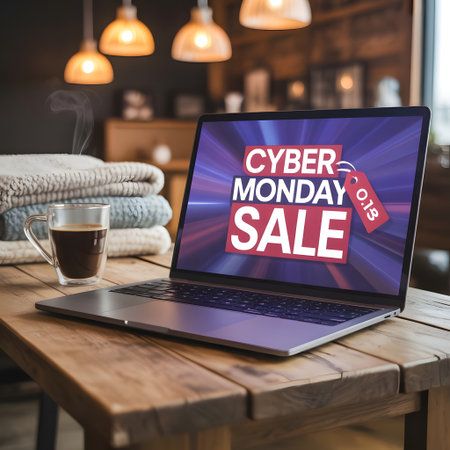 Laptop displaying cyber monday sale with a red tag, suggesting online shopping deals and discounts for the popular shopping eventの素材