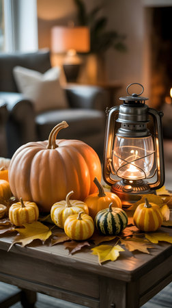 Cozy autumn scene with a large pumpkin and small gourds on a wooden table, illuminated by a lantern, with a blurred living room backgroundの素材