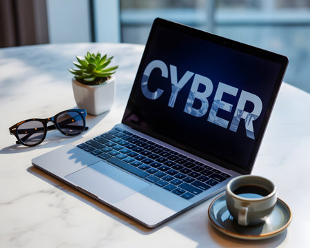 Laptop displaying the word cyber on screen, placed on a table with a potted plant and sunglasses, representing cybersecurity and online threatsの素材