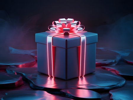 A mysterious dark gift box with a glowing pink neon ribbon and bow, resting on a reflective, cracked surface under dramatic lightingの素材